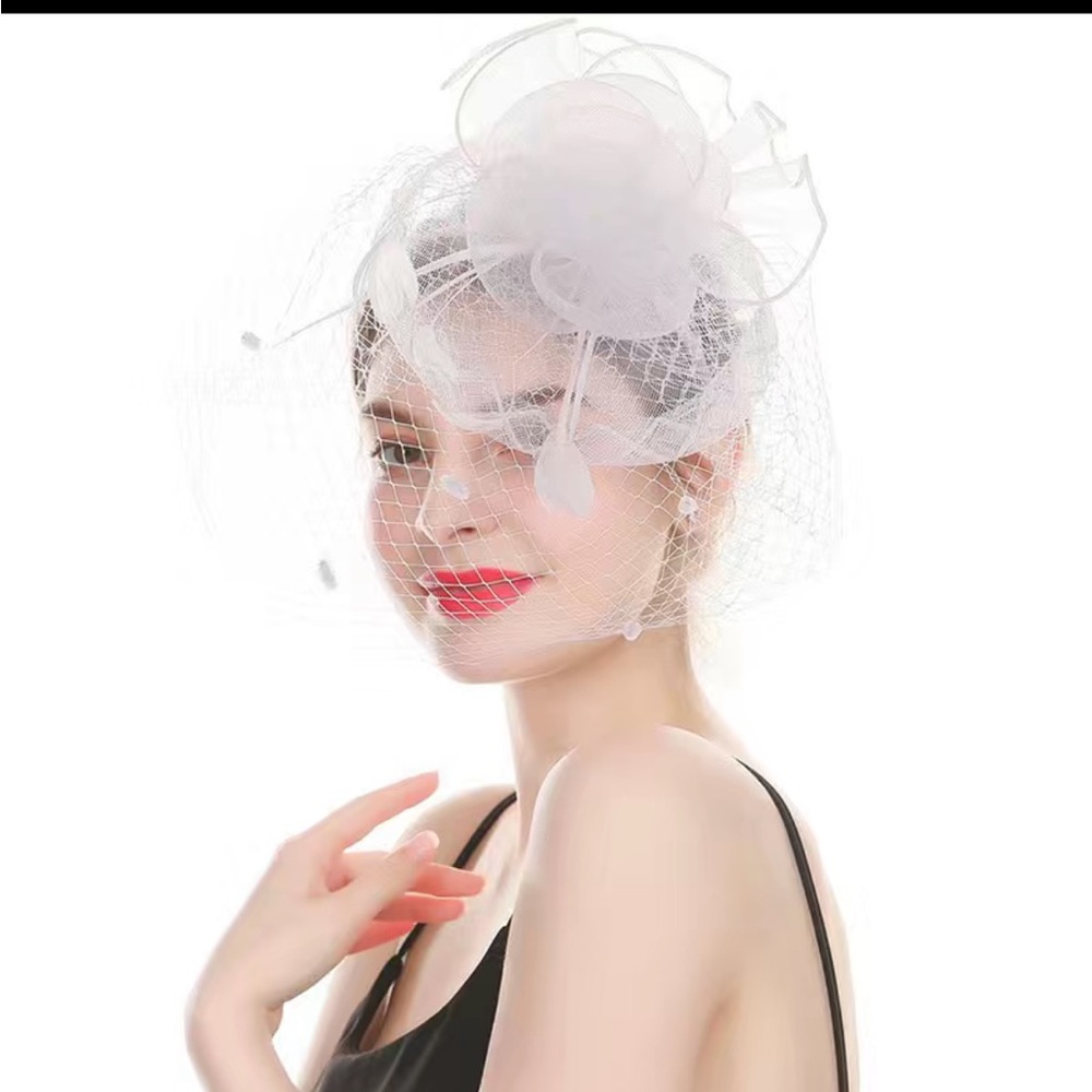 💕Fascinator Birdcage Feather Flower Mesh Wedding tea party Veil. White